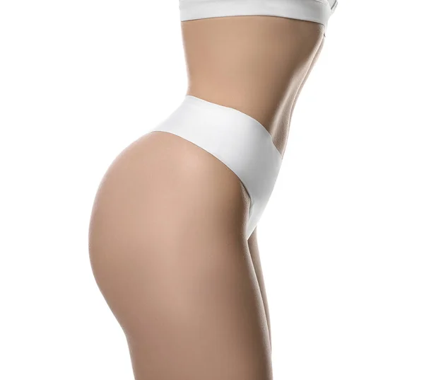 Vista Perto Mulher Magra Roupa Interior Fundo Branco Conceito Problema — Fotografia de Stock