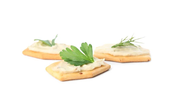 Deliziosi Cracker Con Humus Prezzemolo Aneto Sfondo Bianco — Foto Stock