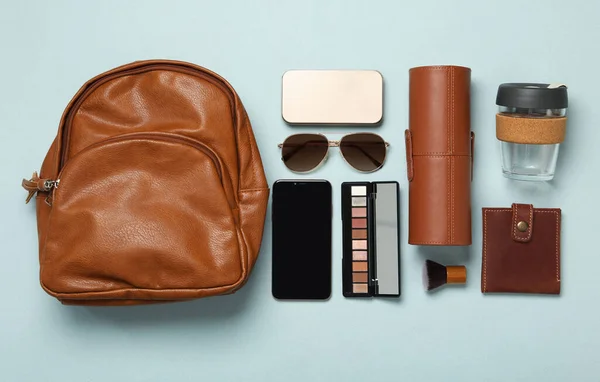 Stylish Urban Backpack Different Items Light Background Flat Lay — Stock Photo, Image