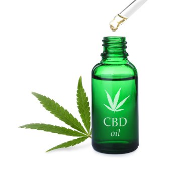 Beyaz arka planda bir şişe cannabidiol tentürü ve kenevir yaprağı