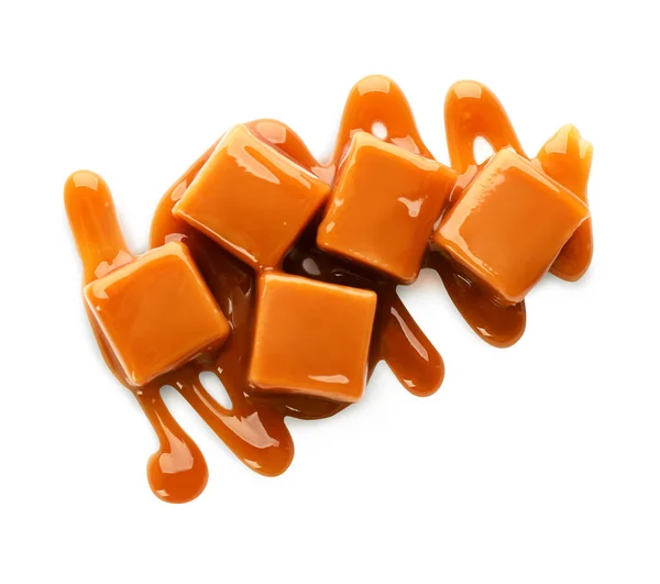 Caramel Candies Topping White Background Top View — Stock Photo, Image