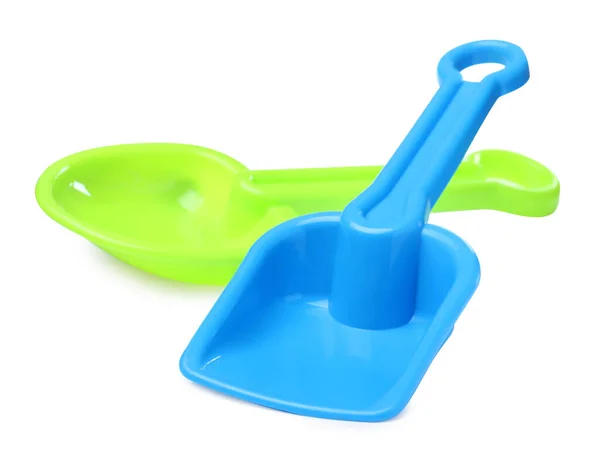 Green Light Blue Plastic Toy Shovels White Background — Stock Photo, Image