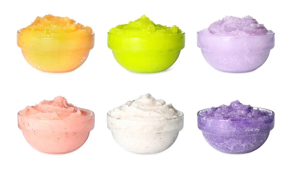 Set Different Body Scrubs Bowls White Background — Stock Photo, Image