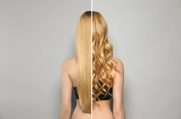 Młoda Kobieta Długimi Włosami Przed Użyciu Lokówki Szarym Tle Collage — Zdjęcie stockowe