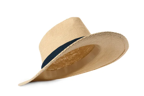 Chapeau Paille Élégant Isolé Sur Blanc Accessoire Tendance — Photo