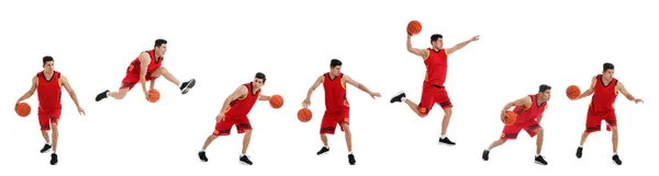 Professionell Idrottsman Spelar Basket Vit Bakgrund Collage Banderolldesign — Stockfoto