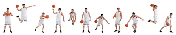 Professionell Idrottsman Spelar Basket Vit Bakgrund Collage Banderolldesign — Stockfoto