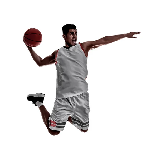 Silhouet Van Professionele Sportman Die Basketbal Speelt Een Witte Achtergrond — Stockfoto
