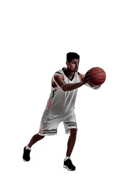 Silhouette Eines Professionellen Sportlers Beim Basketballspielen Auf Weißem Hintergrund — Stockfoto