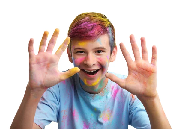 Adolescent Garçon Couvert Colorants Poudre Colorée Sur Fond Blanc Holi — Photo