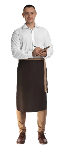 Full Length Portrait Happy Young Waiter Notebook White Background — Stock Photo, Image