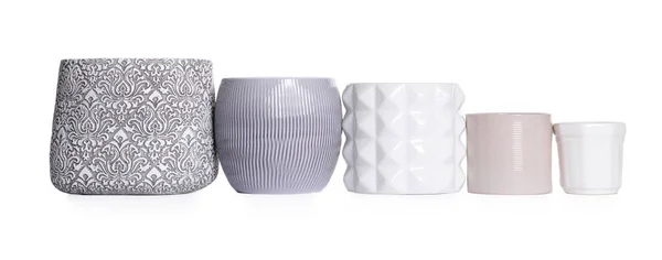 Diferentes Vasos Flores Cerâmica Elegantes Fundo Branco — Fotografia de Stock