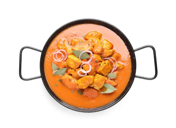 Délicieux Curry Poulet Dans Une Casserole Sur Fond Blanc Vue — Photo