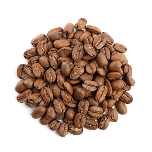 Heap Rostade Kaffebönor Isolerade Vit Ovanifrån — Stockfoto