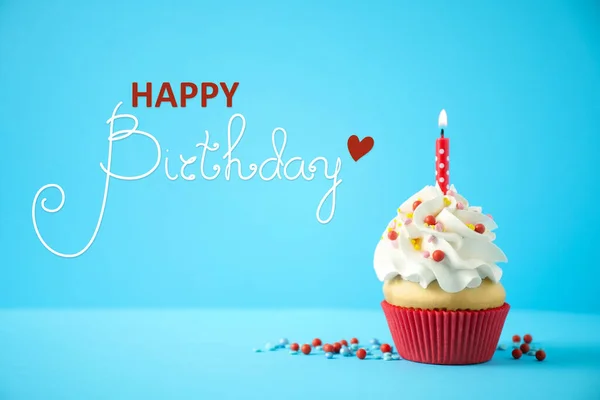 Gelukkige Verjaardag Heerlijke Cupcake Met Kaars Lichtblauwe Achtergrond — Stockfoto