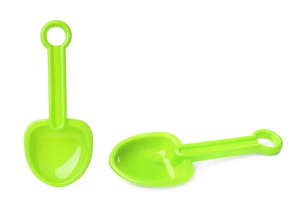 Green Plastic Toy Shovels White Background Collage — Stock Photo, Image