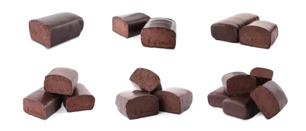 Set Con Deliciosos Snacks Cuajada Esmaltada Sobre Fondo Blanco Diseño —  Fotos de Stock