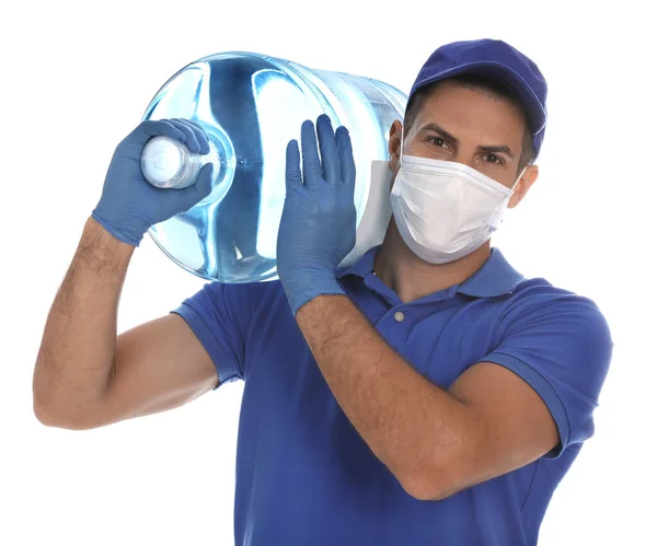 Courier Ιατρική Μάσκα Κρατώντας Μπουκάλι Για Ψύκτη Νερού Λευκό Φόντο — Φωτογραφία Αρχείου