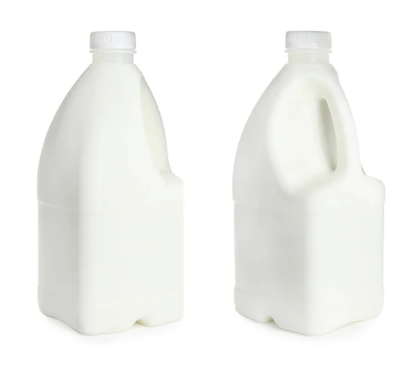 Gallon Bouteilles Lait Sur Fond Blanc Collage — Photo