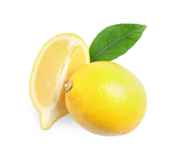 Cut Whole Ripe Lemons Green Leaf Isolated White Top View — Stock Photo, Image