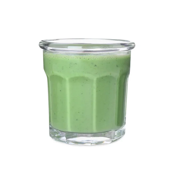 Saboroso Smoothie Verde Fresco Vidro Sobre Fundo Branco — Fotografia de Stock