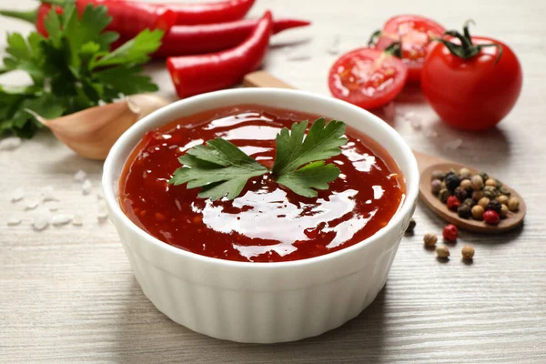 Spicy Chili Sauce Parsley Bowl White Wooden Table — Stock Photo, Image