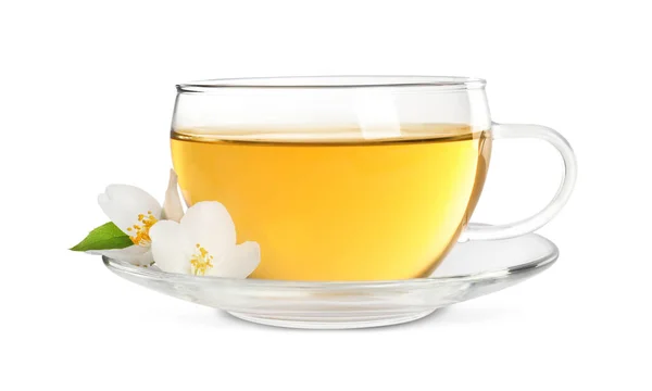 Glazen Kopje Aromatische Jasmijnthee Verse Bloemen Witte Achtergrond — Stockfoto