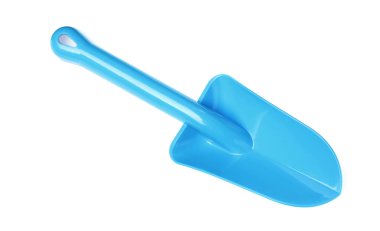 Açık mavi plastik oyuncak kürek beyaz, üst görünümde izole