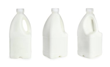 Beyaz arka planda galon süt şişeleri, kolaj