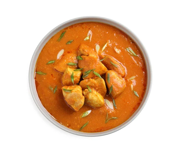 Bowl Finom Csirke Curry Fehér Háttér Felső Nézet — Stock Fotó