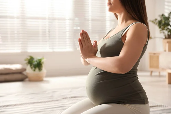 Young Pregnant Woman Practicing Yoga Home Closeup Space Text — Stock Photo, Image