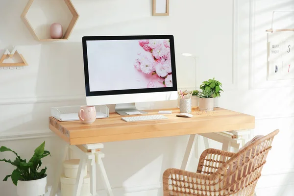 Stylish Home Office Interior Comfortable Workplace — Stock Photo, Image