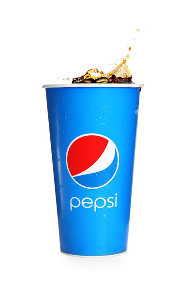 MYKOLAIV, UKRAINE - JUNE 9, 2021: Pepsi splashing out of paper cup isolated on white