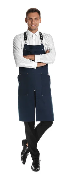 Full Längd Porträtt Glad Ung Servitör Uniform Vit Bakgrund — Stockfoto