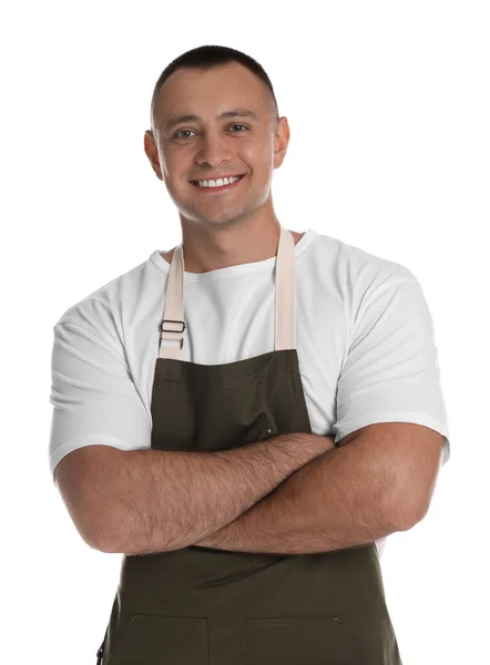 Portrait Happy Young Waiter Uniform White Background — Stock Photo, Image