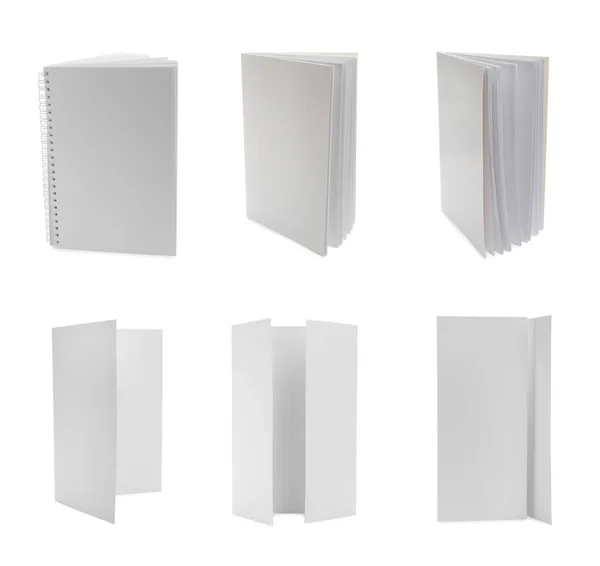 Állítsa Üres Papír Brosúrák Fehér Alapon Mockup Tervezéshez — Stock Fotó