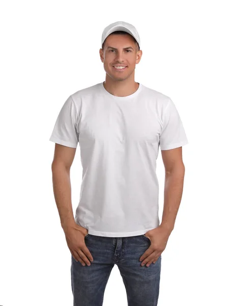 Hombre Feliz Con Gorra Camiseta Sobre Fondo Blanco Burla Para — Foto de Stock