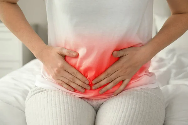 Woman Suffering Abdominal Pain Bed Home Closeup — Stock Photo, Image