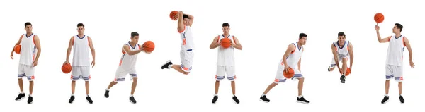 Professionell Idrottsman Spelar Basket Vit Bakgrund Collage Banderolldesign — Stockfoto