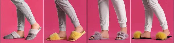 Collage Con Fotos Mujeres Que Usan Zapatillas Con Estilo Sobre — Foto de Stock