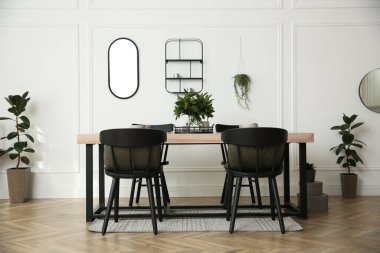 Şık ahşap yemek masası ve odada sandalyeler. İç tasarım