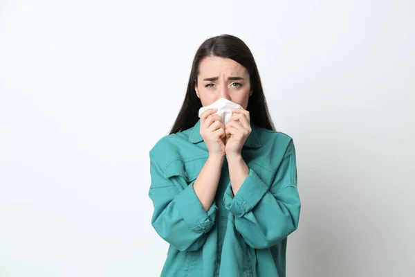 Young Woman Tissue Suffering Runny Nose White Background — Stock Photo, Image