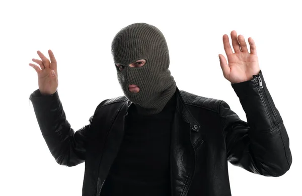 Man Bär Stickad Balaclava Vit Bakgrund — Stockfoto