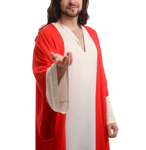 Jezus Christus Reikt Zijn Hand Uit Witte Achtergrond Close — Stockfoto