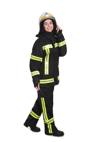 Full Length Portret Van Brandweerman Uniform Helm Witte Achtergrond — Stockfoto