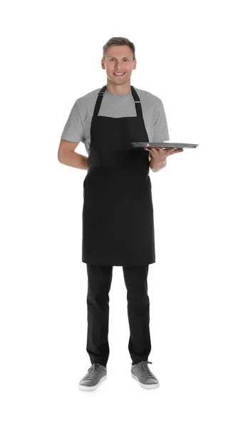 Full Length Portrait Happy Young Waiter Tray White Background — Stock Photo, Image