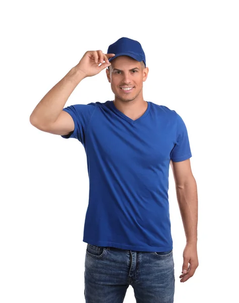 Happy Man Blue Cap Tshirt White Background Mockup Design — Stock Photo, Image