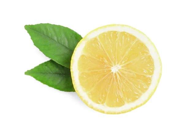 Klipp Mogen Citron Med Gröna Blad Isolerade Vit Ovanifrån — Stockfoto