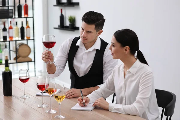 Sommeliers Tasting Different Sorts Wine Table Indoors — Stock Photo, Image