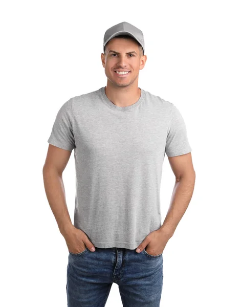 Vrolijke Man Met Grijze Pet Tshirt Witte Achtergrond Mockup Voor — Stockfoto